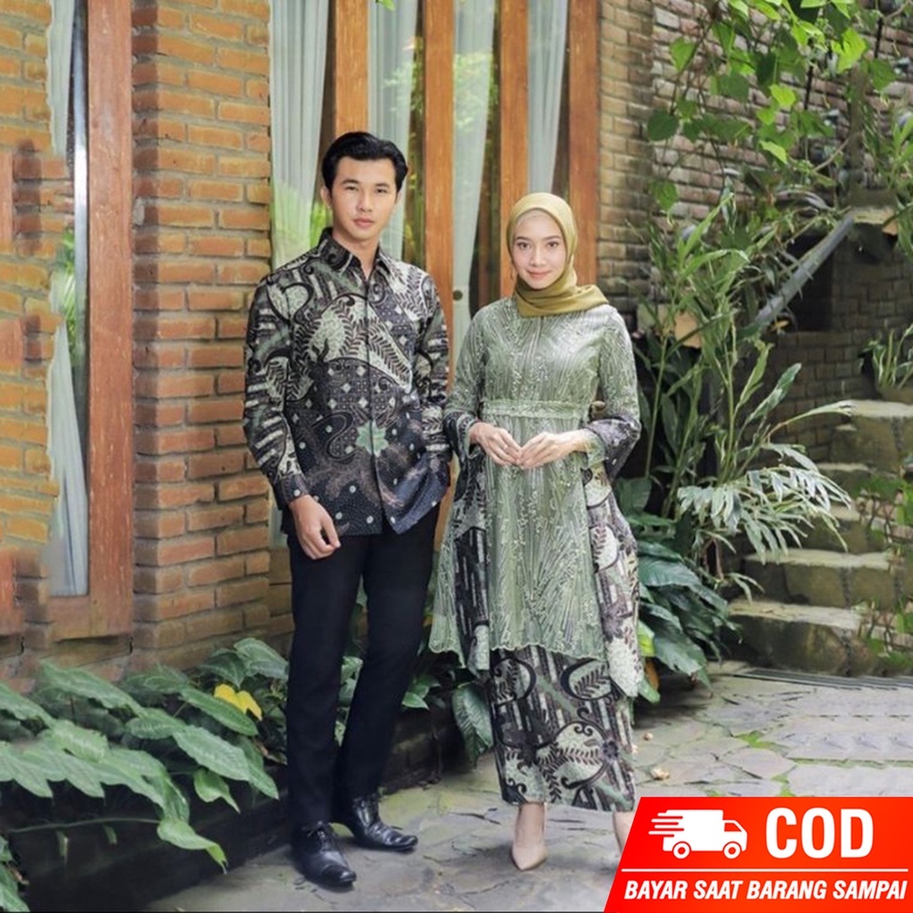 Azkana Batik - Batik Couple Sonya Sage Green | Kebaya Couple Modern | Kebaya Lamaran Tunangan Wisuda | Couple Tunik Brokat