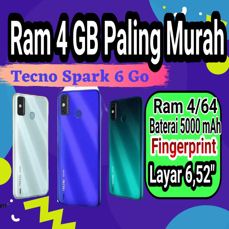 Tecno Spark 6 Go Ram 4/64 GB - Garansi Resmi Tecno/Infinix / Baterai Besar 5000 mAh
