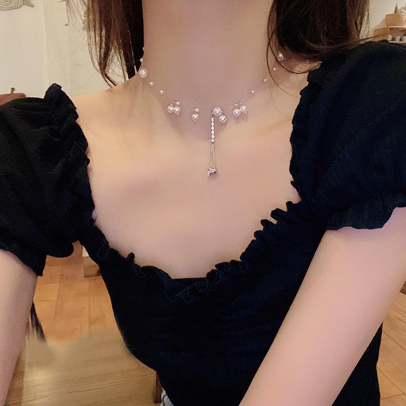 Kalung Choker Klavikula Hias Liontin Rumbai Kristal Mutiara Gaya Elegan Untuk Wanita