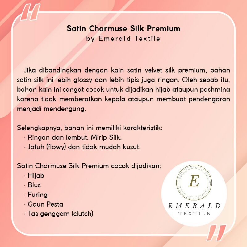 Handfeel Kain Potongan (Warna Random) Satin Charmuse Silk Premium By Emerald Textile