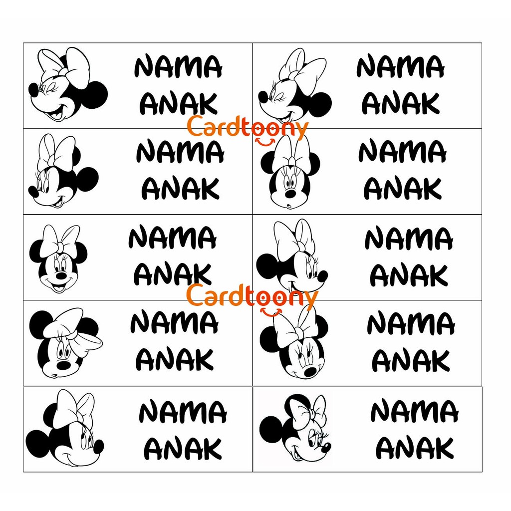 Sticker / stiker label nama transparan Disney Minnie Mouse / Mini Tikus hitam putih