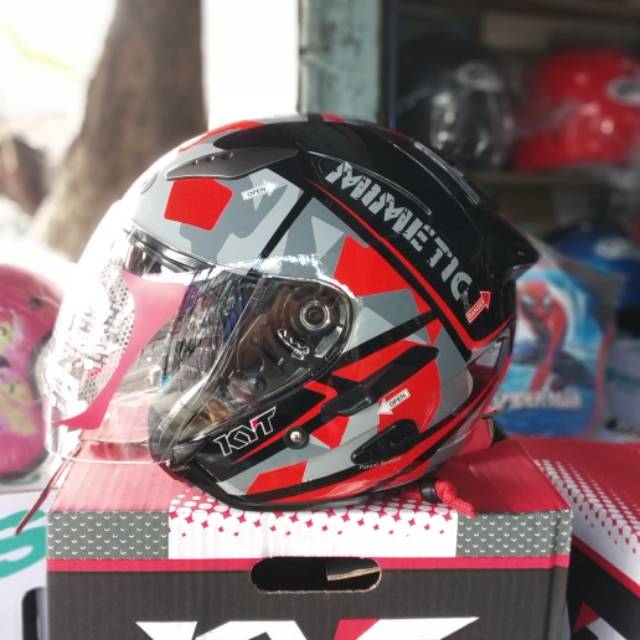 Helm Half Face KYT Galaxy Slide Mimetic Seri #4 Black Red Merah Ori Double Visor Murah Cowok Cewek