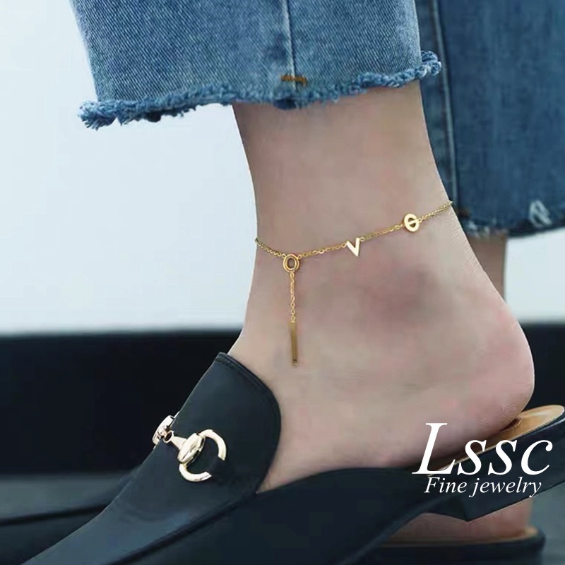 Gelang Kaki Titanium Huruf LOVE Anti Karat Anti Luntur Emas 18k Cantik Perhiasan Wanita Korea