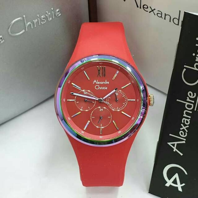 JAM TANGAN WANITA / CEWEK ALEXANDRE CHRISTIE RED TALI RUBBER ORIGINAL GARANSI- MERAH KARET AC 2773