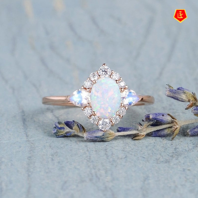 [Ready Stock]New Inlaid Moonstone Opal Ring Classic Elegant