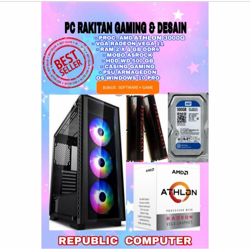 PC RAKITAN GAMING DAN DESAIN AMD ATHLON 3000 G SSD 120 GB HDD 500 GB