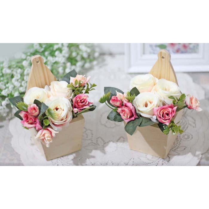 1 SET ISI 2 POT KAYU dinding wall KECIL bunga plastik artificial