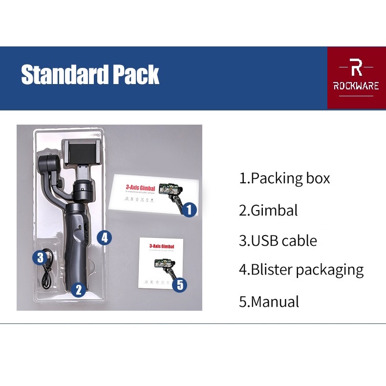 ROCKWARE RW-F6 - 3-Axis Folding Stabilizer - Gimbal Smartphone