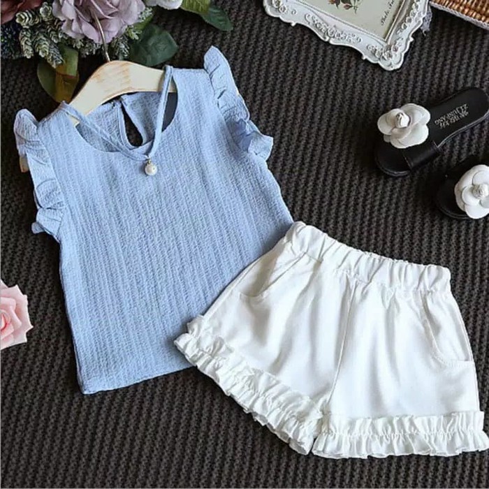 TBI 2pcs Fashion Import Setelan Blouse Sifon Anak Celana + Atasan Chiffon