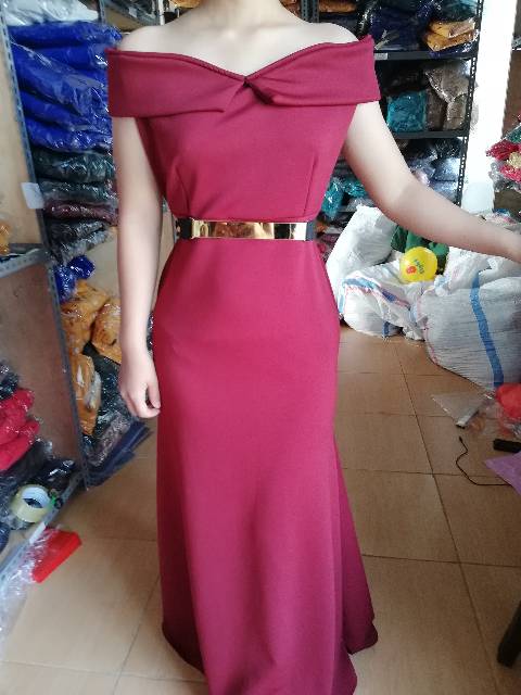 long Dress pesta merah dress maroon + Sabuk simple long dress party sexy sabrina