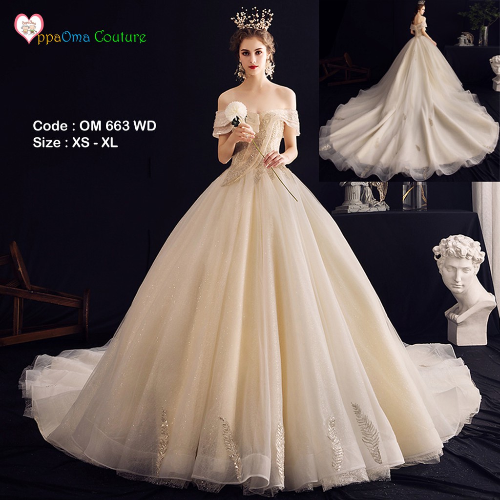 Gaun pengantin ekor model putri kerajaan eropa mewah OM 663 WD