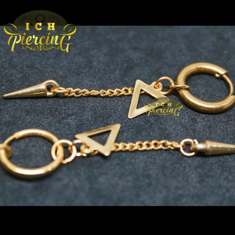 anting Hoop model segitiga rante bandul gold / anting tindik dan jepit warna gold / ICH PIERCING