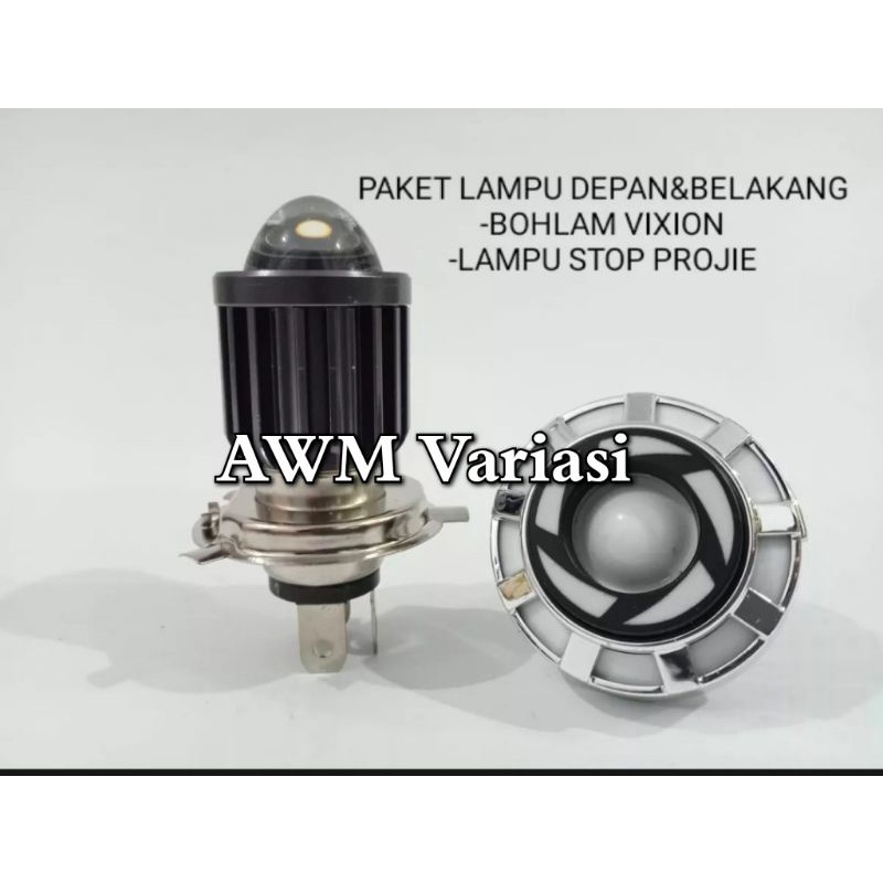 PAKET PROMO BOHLAM VIXION LED PUTIH PUTIH+LAMPU STOP PROJIE ALL MOTOR SOKET 3 KAKI