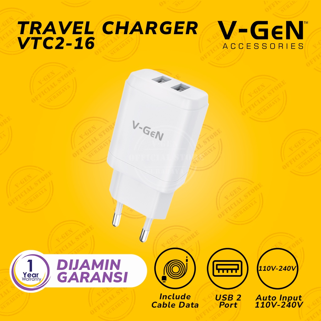 Adaptor Charger V-GeN VTC2-16 2.1A Dual Port USB Travel Charger VGEN