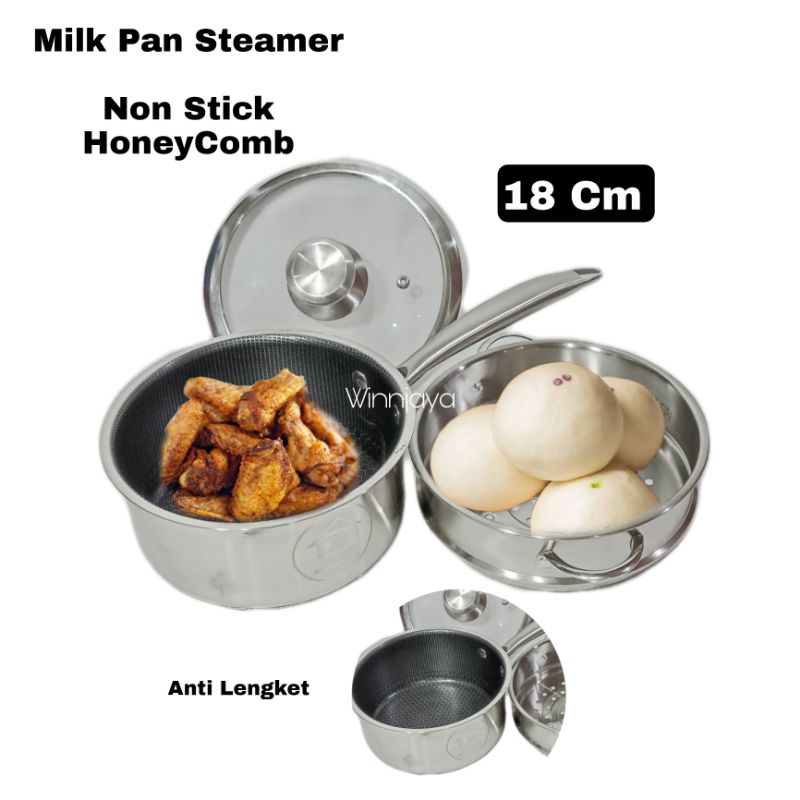 A1 Dandang Steamer Panci Kukus Kecil Susun 2 Stainless Tebal Gagang Tunggal Termasuk Tutup Kaca