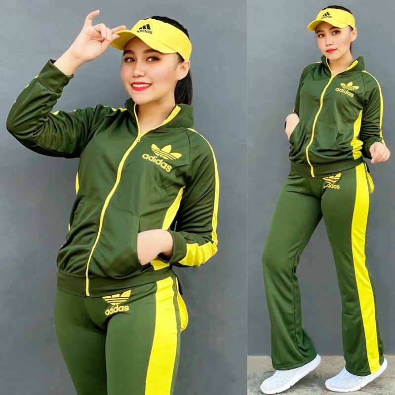 Setelan Senam Panjang Set Jaket Celana Hijau List Kuning Baju Olahraga  Gym Fitness Gowes Sepeda Run