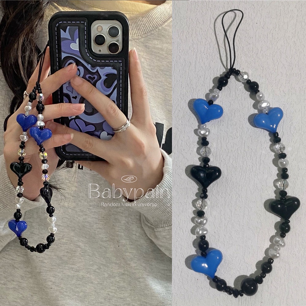 Ins Biru Cinta Hati Rantai Ponsel Anti Hilang Tali Strap Lanyard Akrilik Manik Kasus Ponsel Kabel Gantung L51-1 花边进口边进口刺绣口边进口