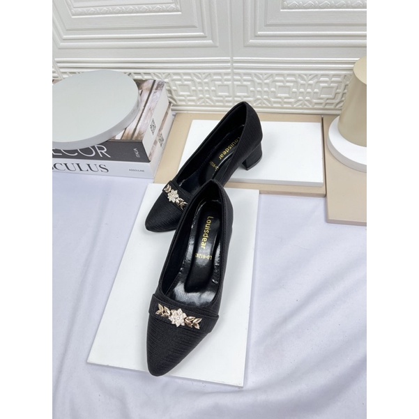 sepatu heel wanita terbaru kekinian pesta LOUISDEAR sepatu heel 5 cm tapak tahu bunga P5 bahan satin