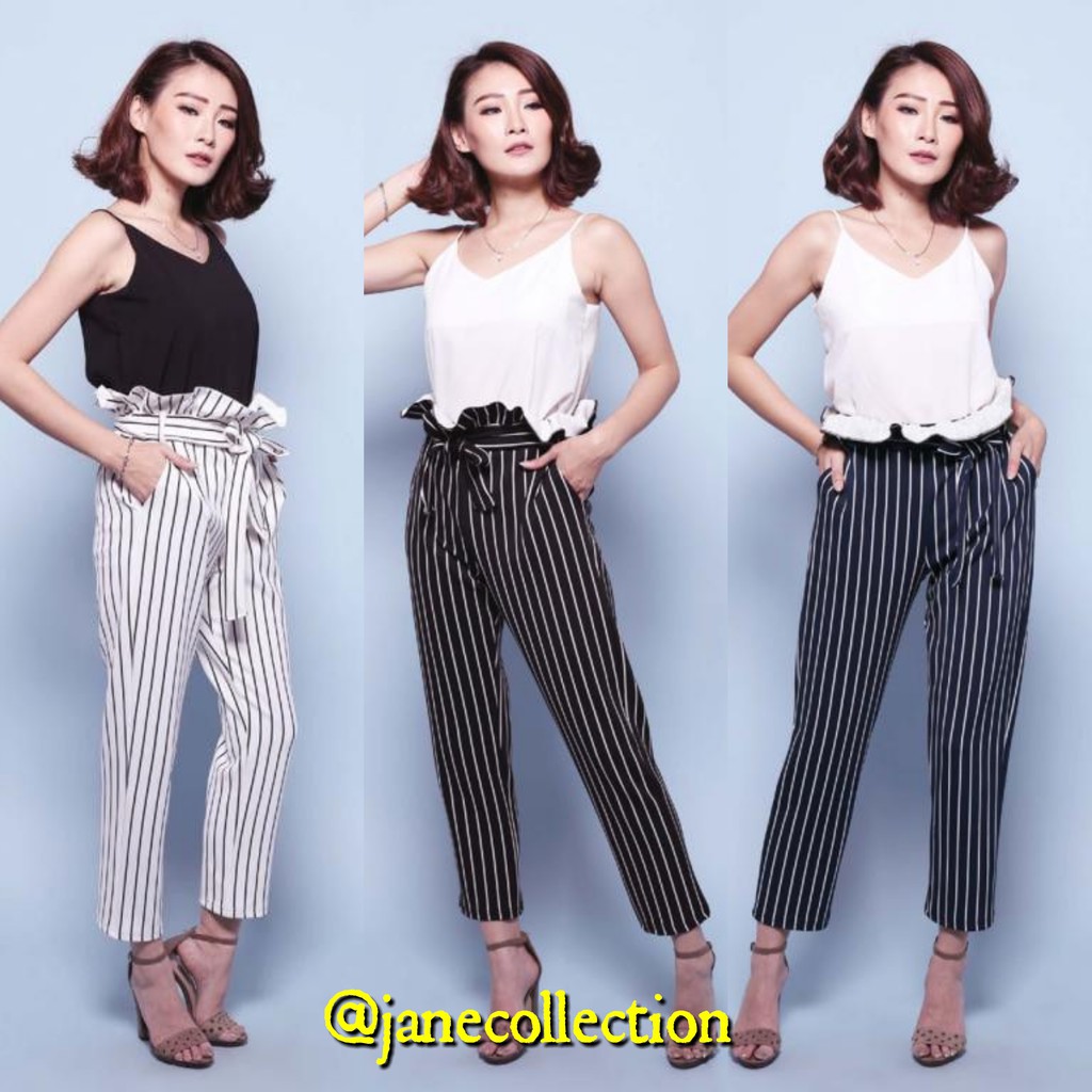 [ READY SURABAYA ] Celana Garis Salur - Stripe Paper Bag Short Pants / Pinstripe Skinny Trousers