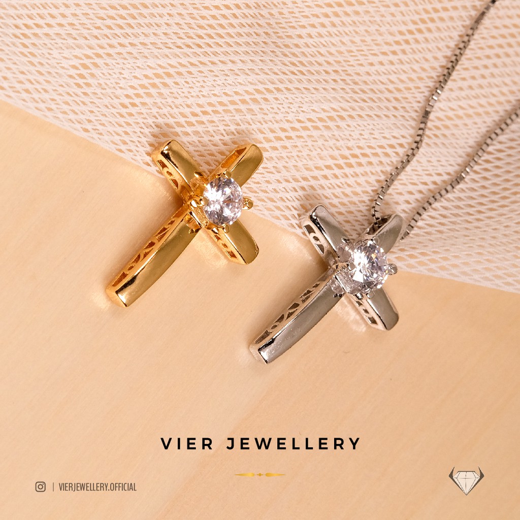 Vier Jewellery Salib Wynn Edition Necklace 8264 , kalung salib lapis emas crystal zirconia