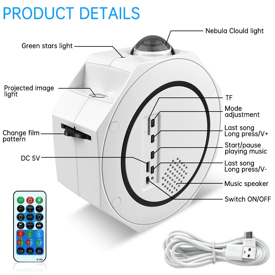 Lampu Proyektor Tidur Cahaya Bintang Bluetooth Speaker Nebula Galaxy Light Starry Sky - 2186XL - White