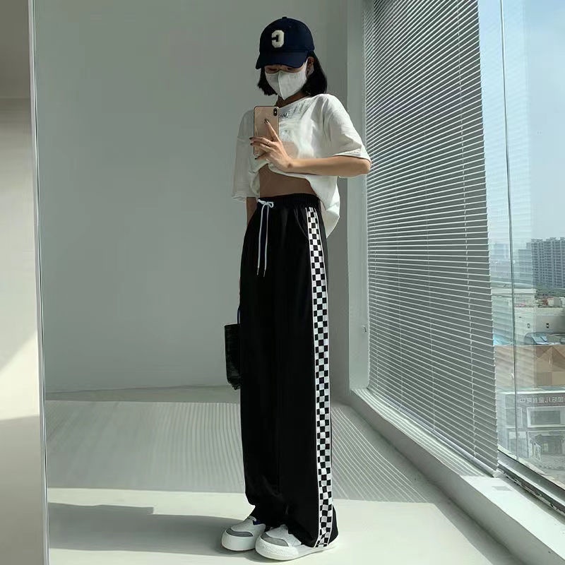 Kotak-kotak es sutra legging wanita musim panas tipis longgar pelangsing lurus celana santai celana serbaguna niche ruangan efek lebar kaki celana