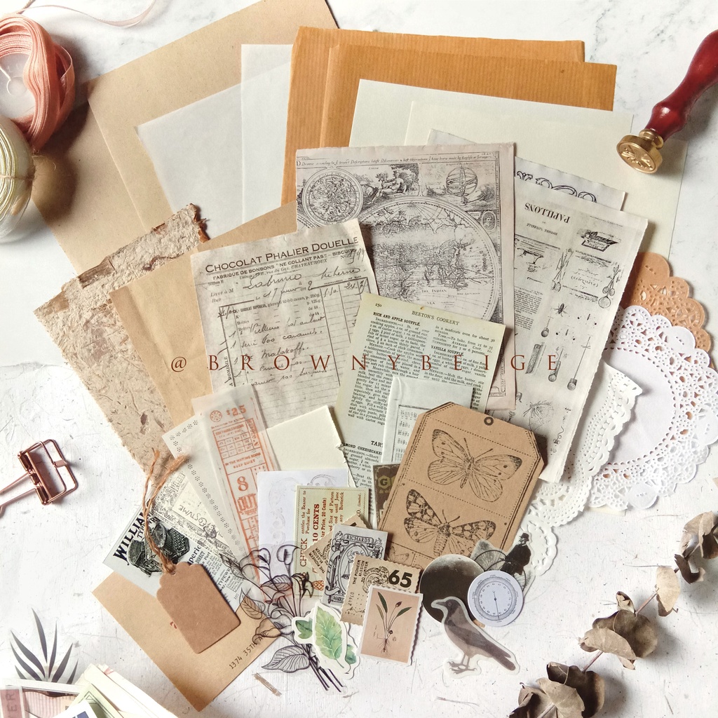 

VINTAGE JURNAL KIT / PENPAL KIT [Bundle 35+ pcs] - material journal kertas vintage ephemera deco dekor bujo buku catatan korean japanese japandi minimalist aesthetic scrapbook kpop DIY memo ticket postcard sticker stiker antique BROWNYBEIGE