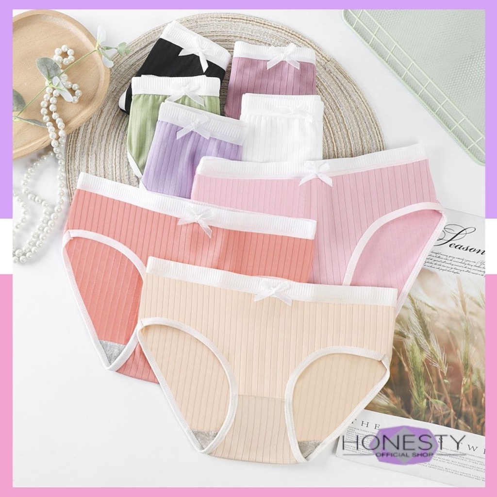 Miss H ~ 162 Celana Dalam Wanita Panty Celana Dalam Motif Garis Hiasan Pita CD Kolor Import