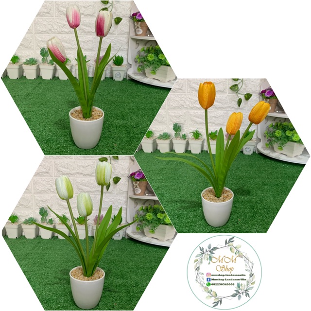 TANAMAN BUNGA TULIP 3 KUNCUP HIAS POT TANAMAN HIAS DEKORASI RUMAH  DAN BUNGA PLASTIK PALSU IMITASI