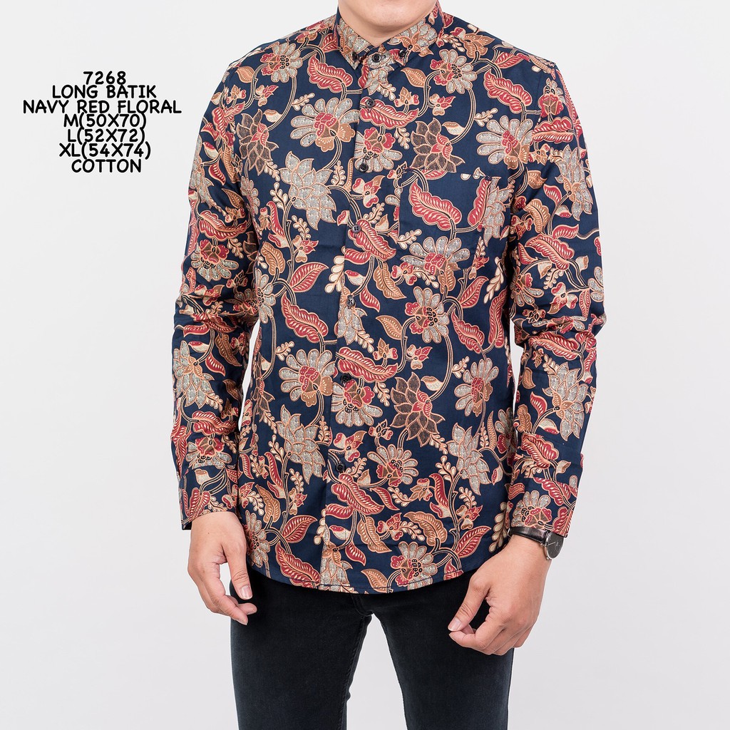 Credo Promo 7268 Kemeja Batik Pria Lengan Panjang Navy Motif Floral Maron murah