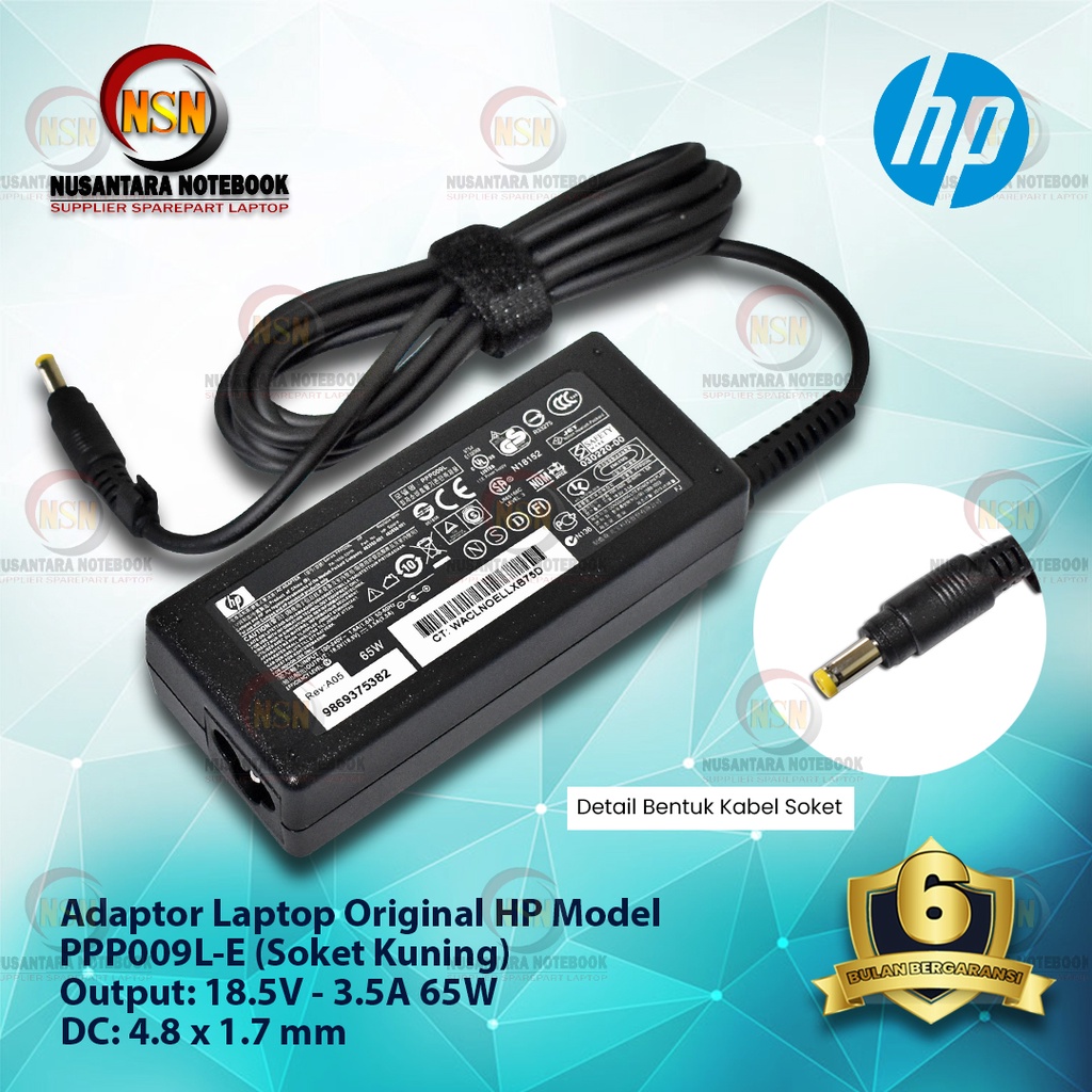 Adaptor Laptop Original HP Model PPP009L-E (Soket Kuning) 18.5V - 3.5A 65W DC: 4.8 x 1.7 mm