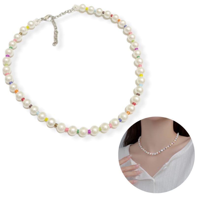 Penelope Bohemian Beads Pearl Choker Necklace Kalung Mutiara Boho Style Colorful