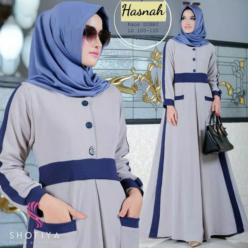Hasnah - Bisa COD Dress Baju Gamis Kondangan Busui Kancing Depan Saku Kantong Depan Warna Polos Komb