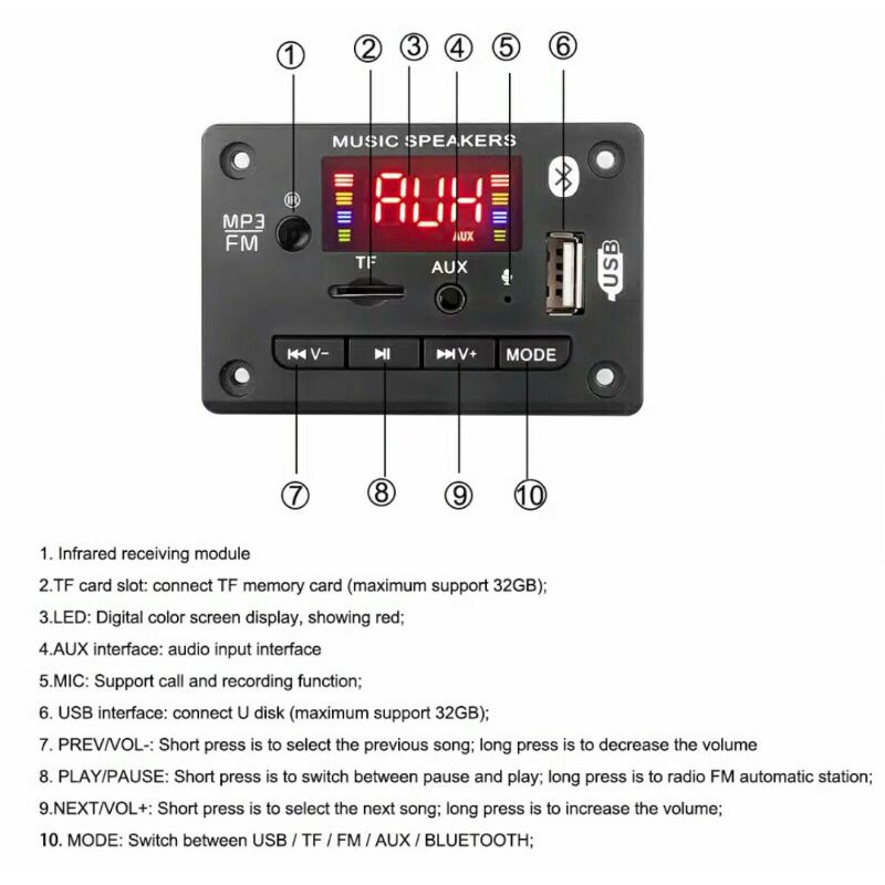 Kit Modul Mp3 Player Bluetooth 5.0 Digital Led Display 5V 12V - Hitam