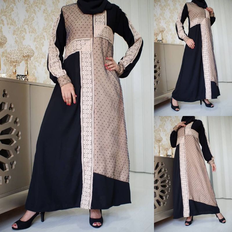 abaya gamis cream kombinasi hitam exclusive turkey madina outer
