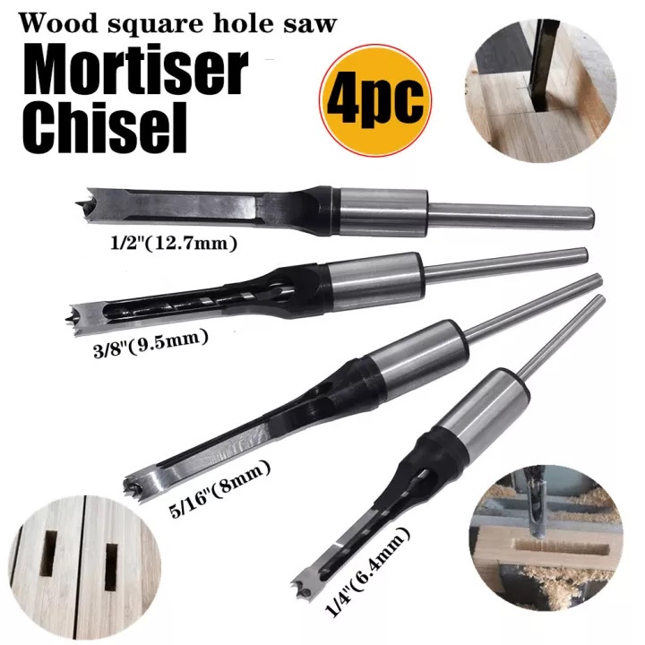 Mata Bor Kayu Bobok Mortising Square Chisel Drill bit 1/4 5/16 3/8 1/2 Lubang Kunci Kusen-Set 4Pcs