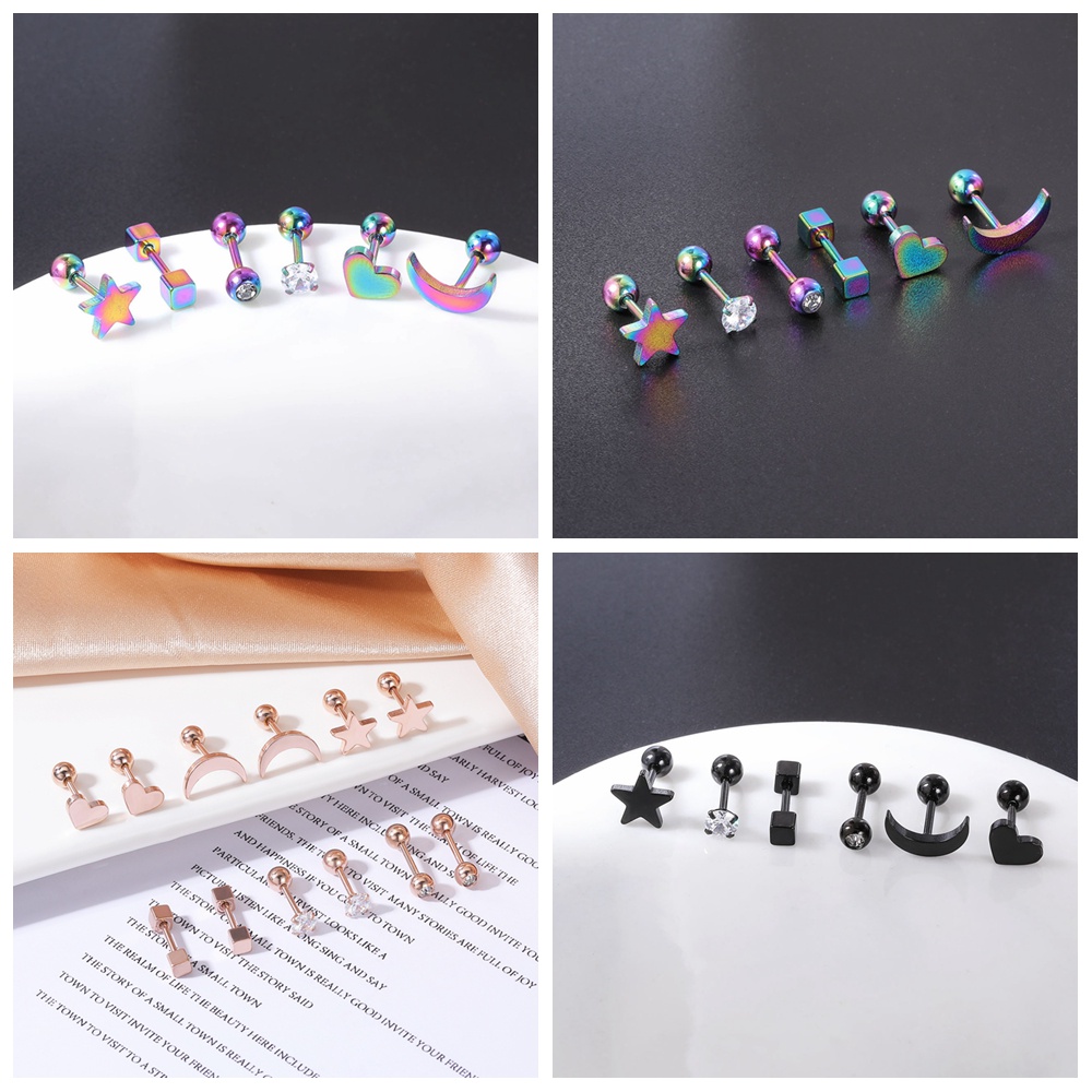 8-22pcs / Lot Anting Stud Kristal Bentuk Hati Bulan Bahan Stainless Steel Untuk Tindik Tulang Rawan