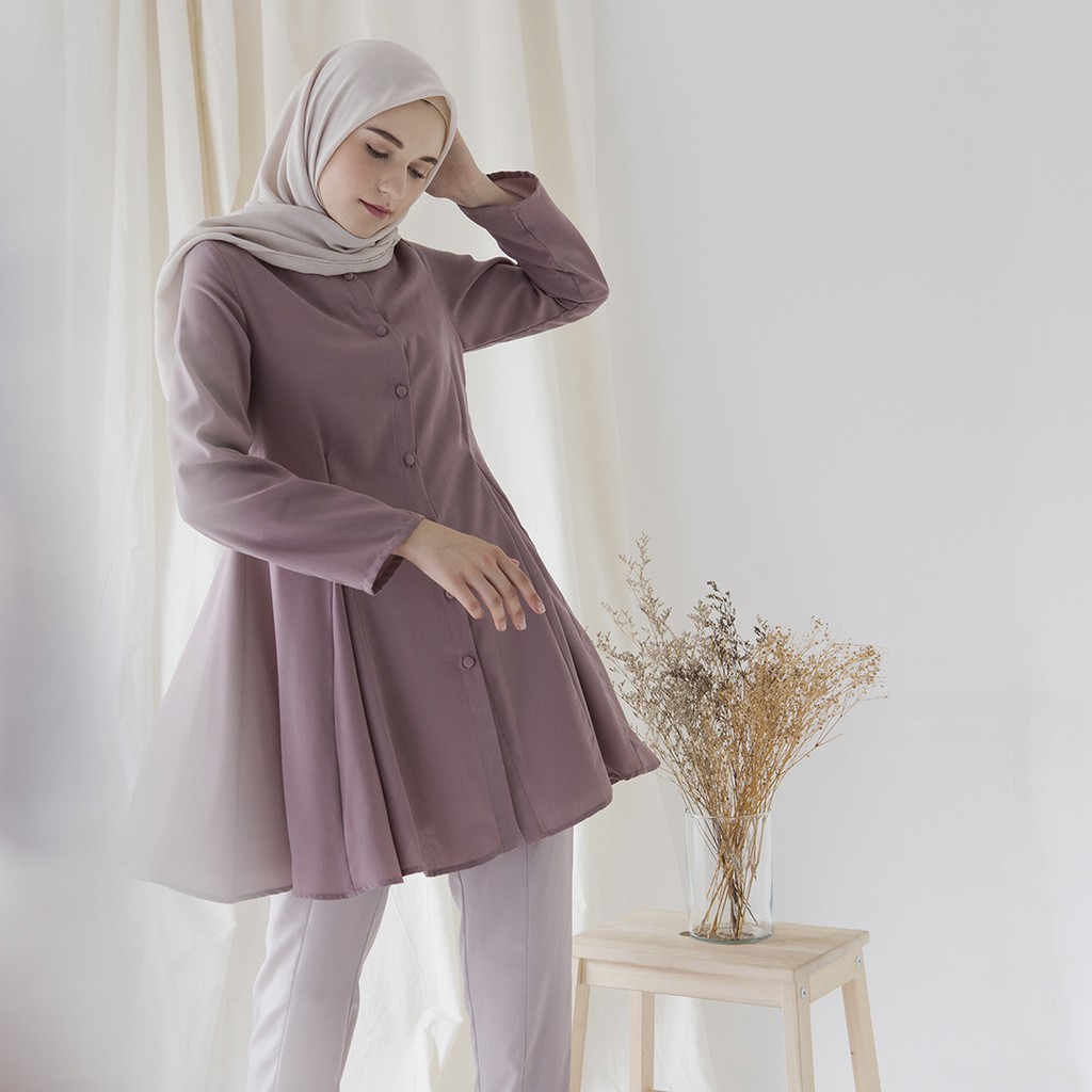 Wiyana by Aska Label - Basic Blouse Wanita Muslim Full Kancing warna Lilac, Navy, Taupe, Light Moss, Olive, Deep Cranberry