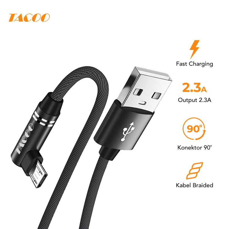

Tacoo Micro USB Fast Charging Kabel Data Charger Sudut Kanan 90 Derajat Auto QC 3.0 ORIGINAL "GEN 2