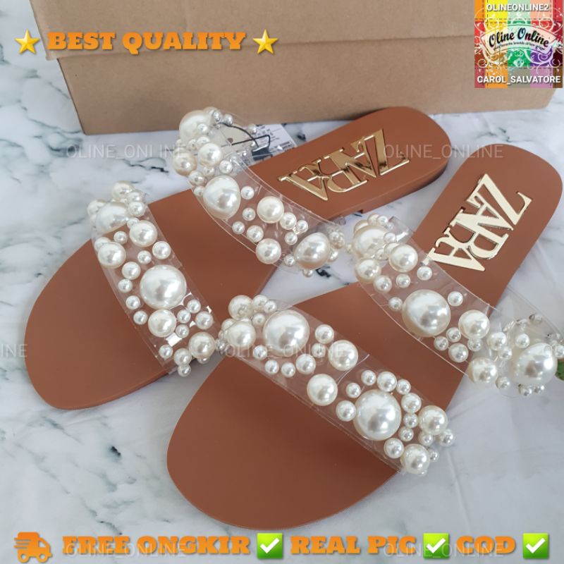 Sandal mutiara shiny pearls tali double dua tali tie transparan flat shoes SLIP on