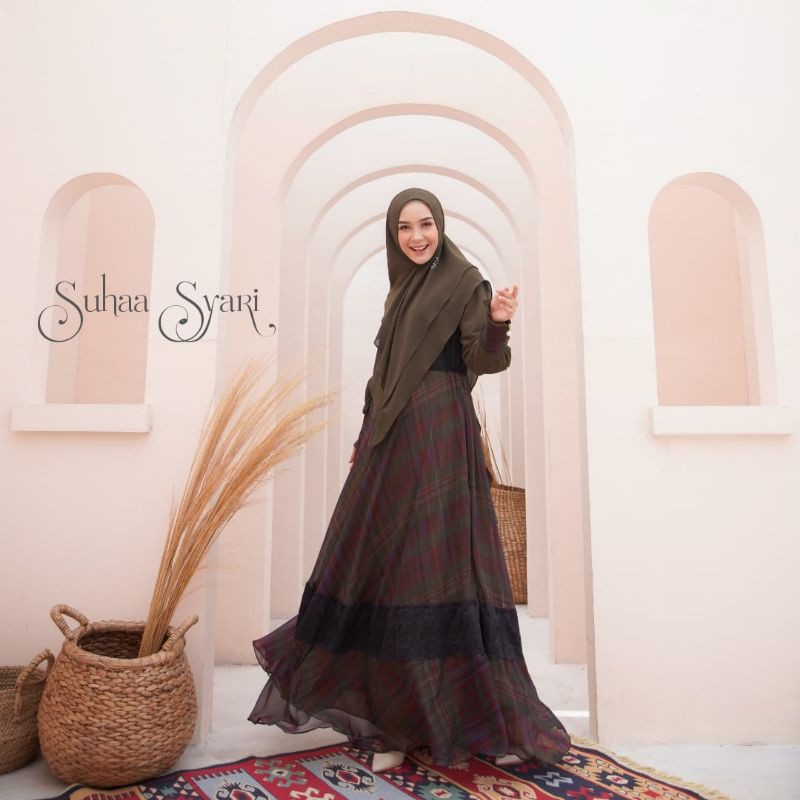 gamis syari suhaa motif tartan cantik keren umbrella klok mewah pesta kondangan original nais