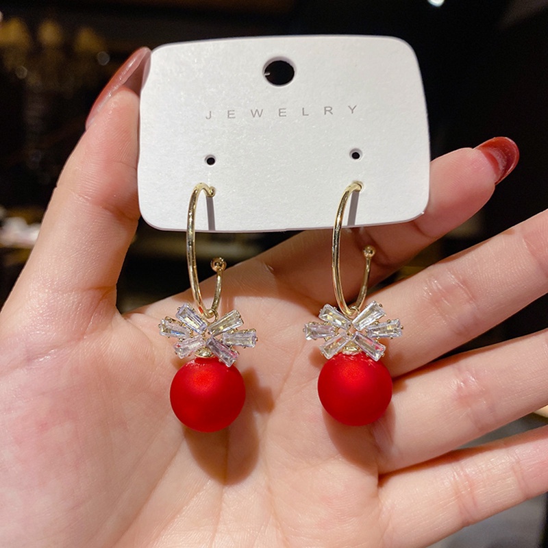 Fancyqube Anting Stud Kristal Mutiara Berlian Imitasi Model Pita Bunga Cherry Merah Untuk Wanita