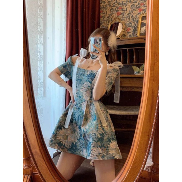 dress artistic gaun seni Artistic oil painting dress with suspenders retro with vintage sweet court style small crowd fleeing princess dress summer Korea dress