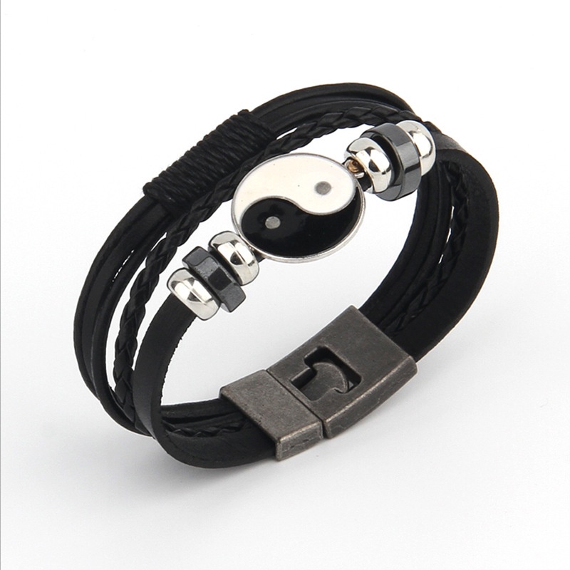 Gelang Kulit Kepang Yin Yang Stainless Steel Gaya Vintage Untuk Pria