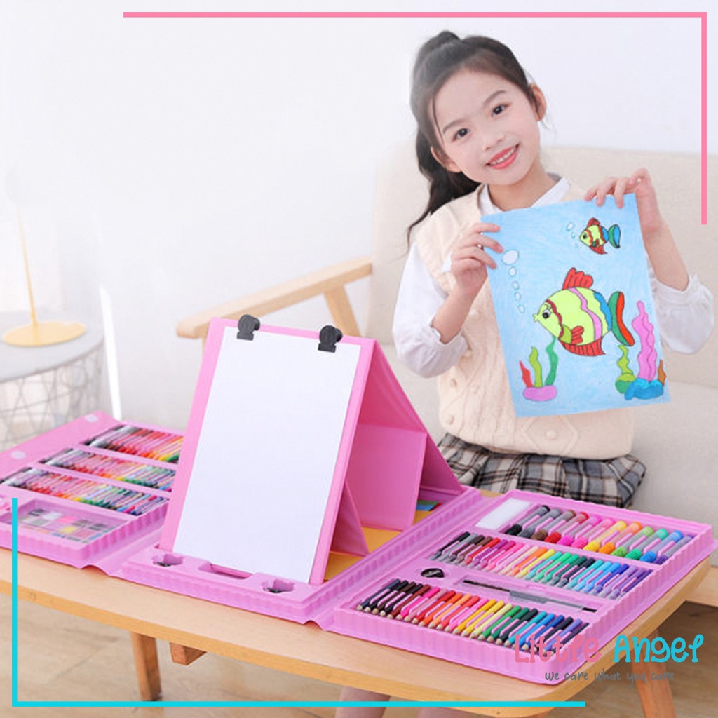 CRAYON ANAK SET 208 Koper Alat Menggambar Mewarnai Mainan Edukasi Bayi Balita Krayon Pastel Set Lengkap Aman Pensil Warna Spridol Kertas Papan Buku Gambar Murah