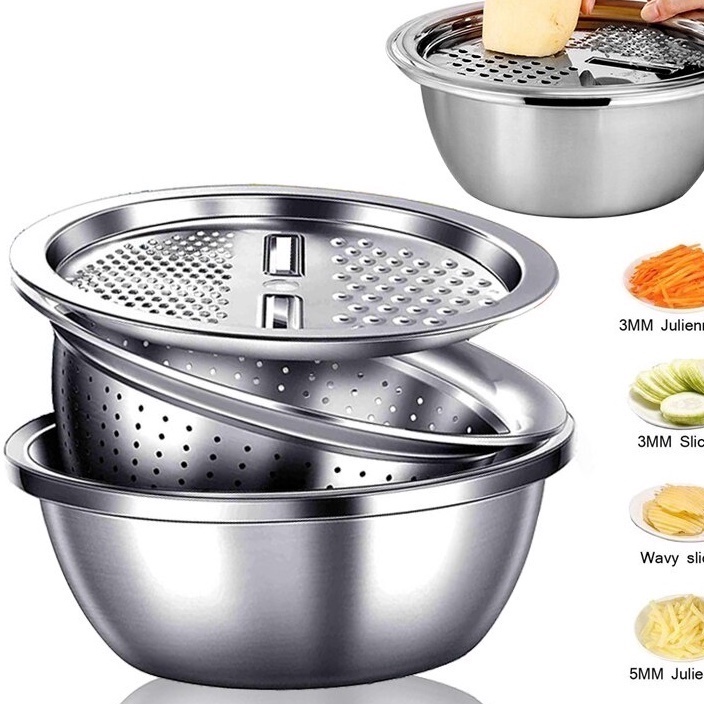 Baskom  Stainless 3 in 1 Parutan Baskom Saringan Cuci Sayur Stainless (3pcs)