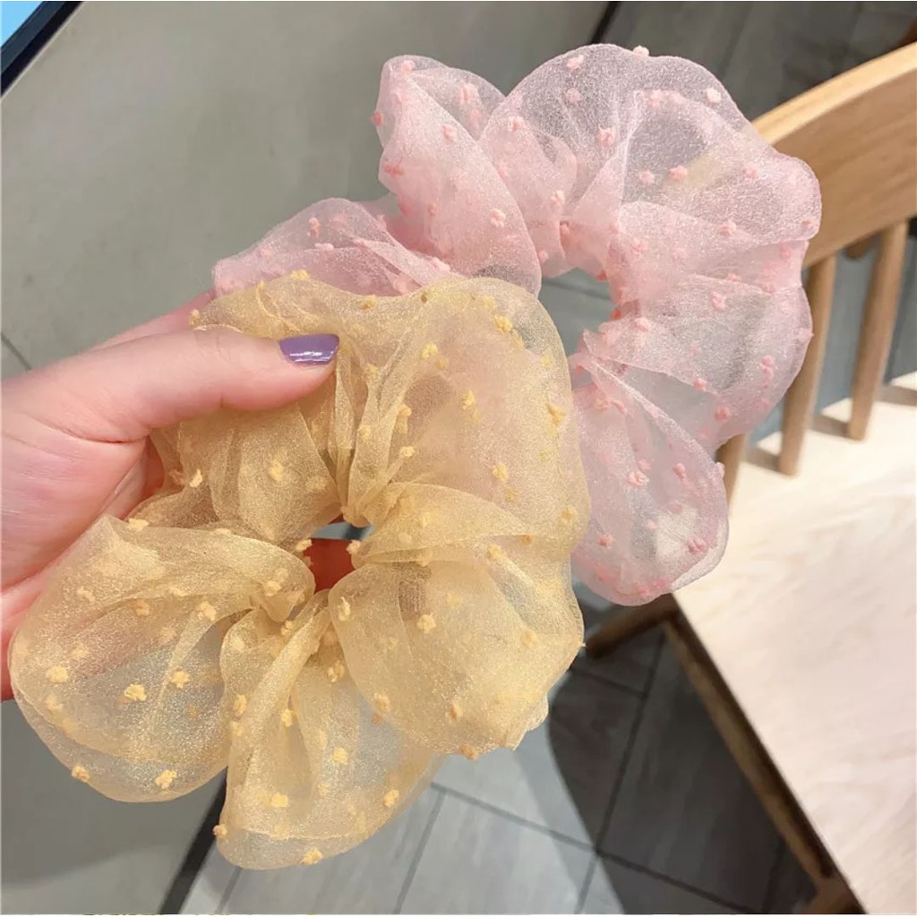 ikat rambut scrunchie korea organza dot 3D