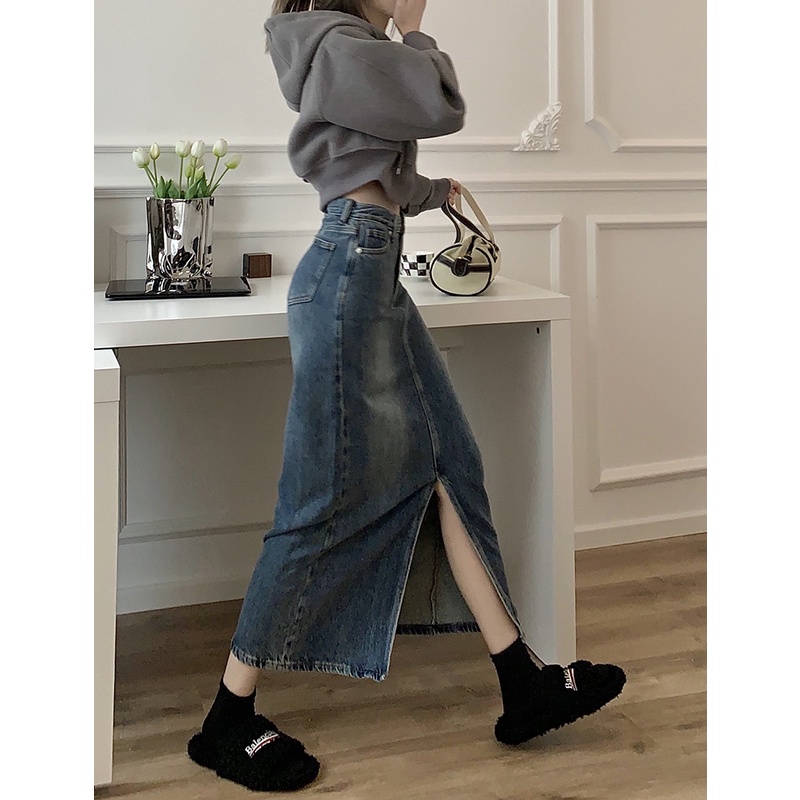 Suhao retro split denim rok wanita 2022 musim panas baru pinggang tinggi ramping rok mid-length A-line