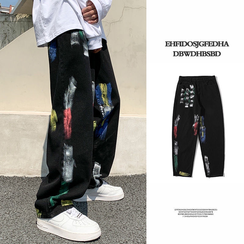 Celana Jeans Pria Grafiti Longgar Kaki Lebar Lurus
