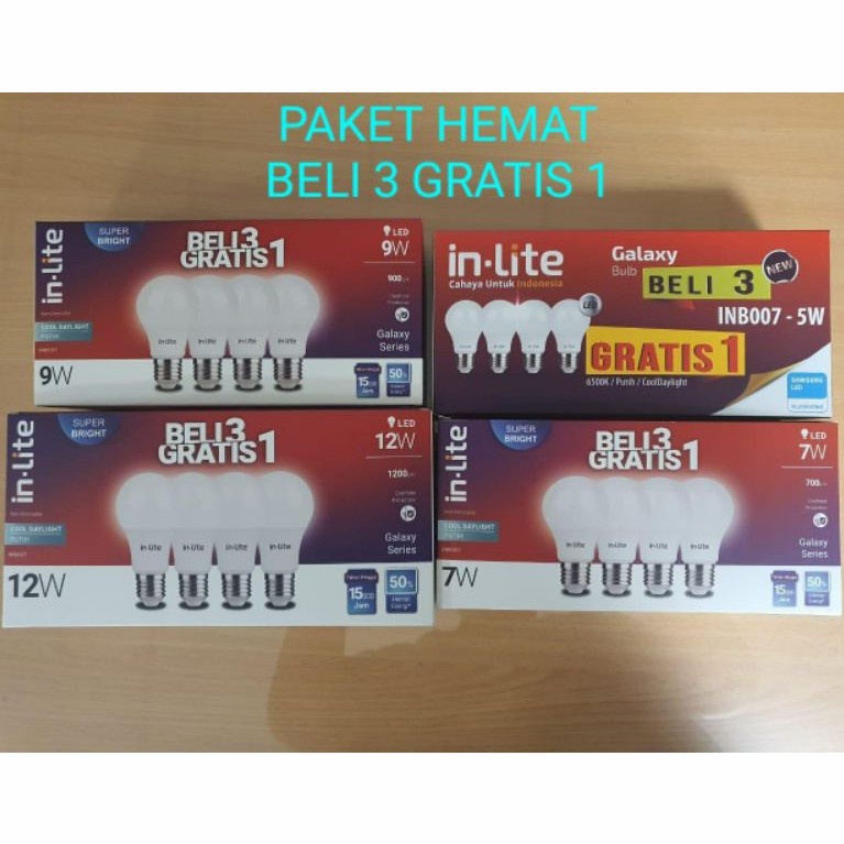 PAKET Beli 3 Gratis 1 Inlite / In-Lite / In lite 3W 5w 7w 9w 11w 12w 15w LED Bulb Putih / Kuning Warm White